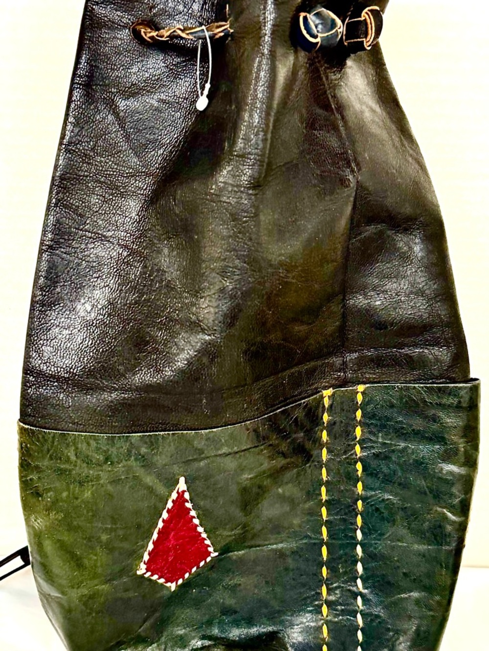 Vintage Black Leather Backpack Bucket Purse Red Accents Pockets Bohemian NWOT